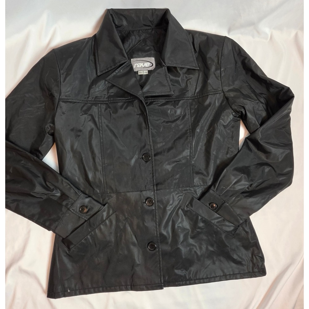 Rave Black Polyurethane Jacket Womens Medium Goth Cyber Grunge Minimalist Retro